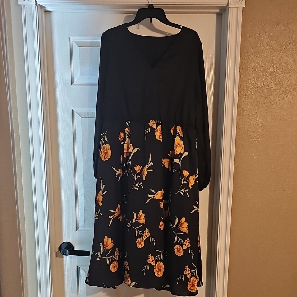 Women's Black Long Sleeve Floral Dress with Yellow Print